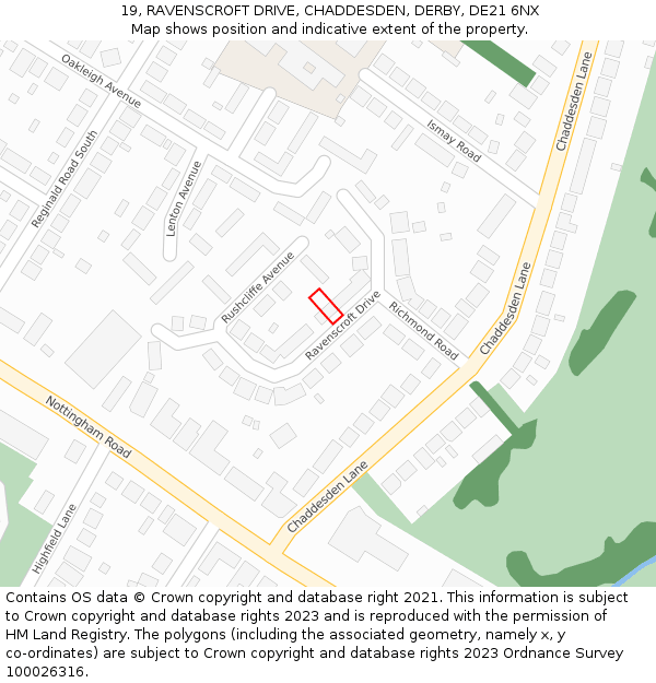 19, RAVENSCROFT DRIVE, CHADDESDEN, DERBY, DE21 6NX: Location map and indicative extent of plot