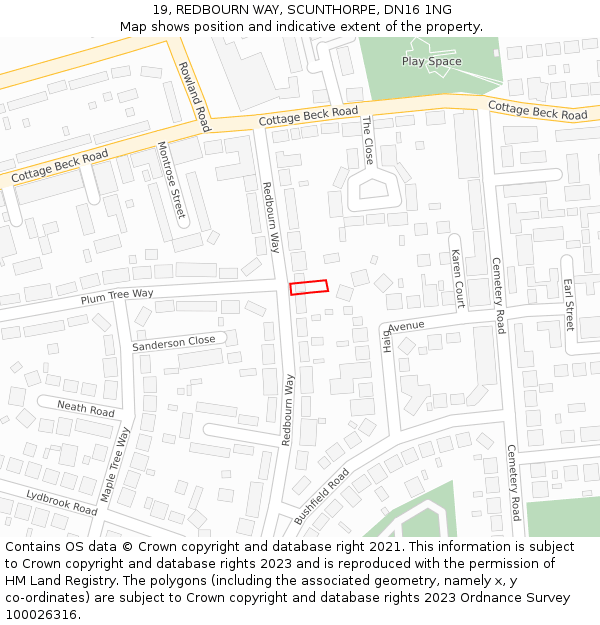19, REDBOURN WAY, SCUNTHORPE, DN16 1NG: Location map and indicative extent of plot