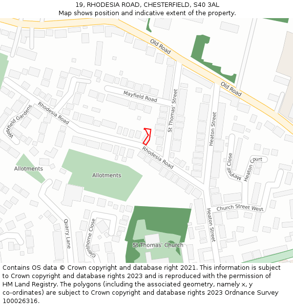 19, RHODESIA ROAD, CHESTERFIELD, S40 3AL: Location map and indicative extent of plot
