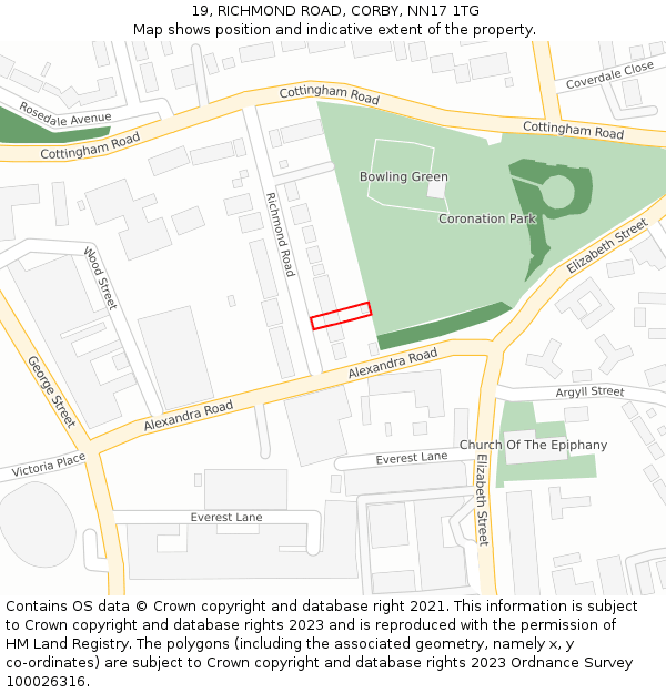 19, RICHMOND ROAD, CORBY, NN17 1TG: Location map and indicative extent of plot