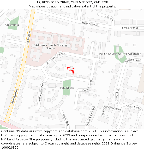 19, RIDDIFORD DRIVE, CHELMSFORD, CM1 2GB: Location map and indicative extent of plot