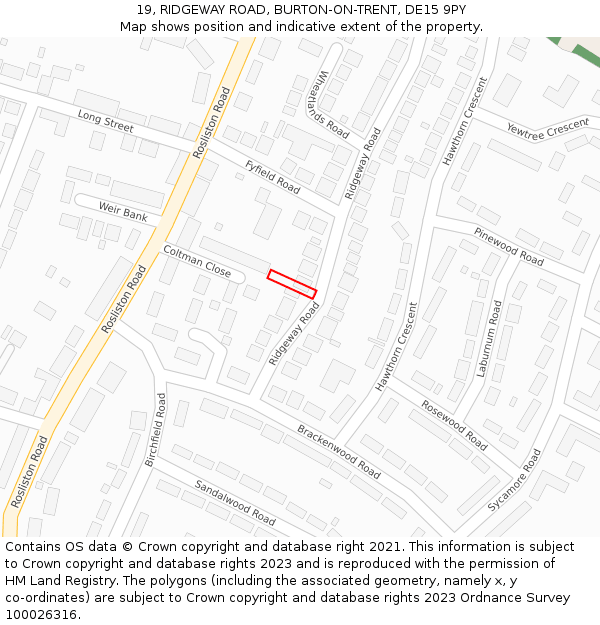 19, RIDGEWAY ROAD, BURTON-ON-TRENT, DE15 9PY: Location map and indicative extent of plot