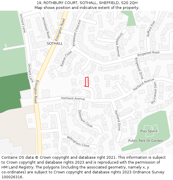 19, ROTHBURY COURT, SOTHALL, SHEFFIELD, S20 2QH: Location map and indicative extent of plot
