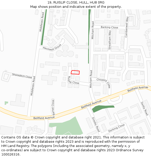 19, RUISLIP CLOSE, HULL, HU8 0RG: Location map and indicative extent of plot