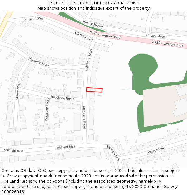 19, RUSHDENE ROAD, BILLERICAY, CM12 9NH: Location map and indicative extent of plot