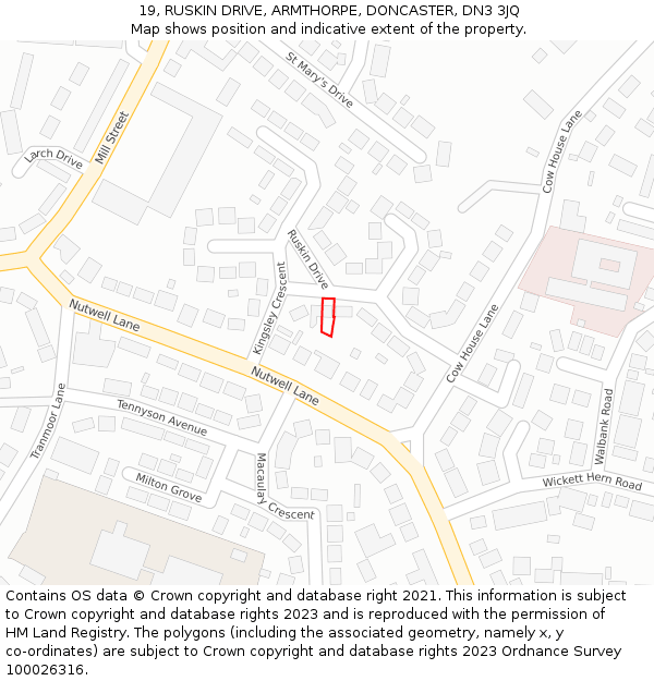 19, RUSKIN DRIVE, ARMTHORPE, DONCASTER, DN3 3JQ: Location map and indicative extent of plot