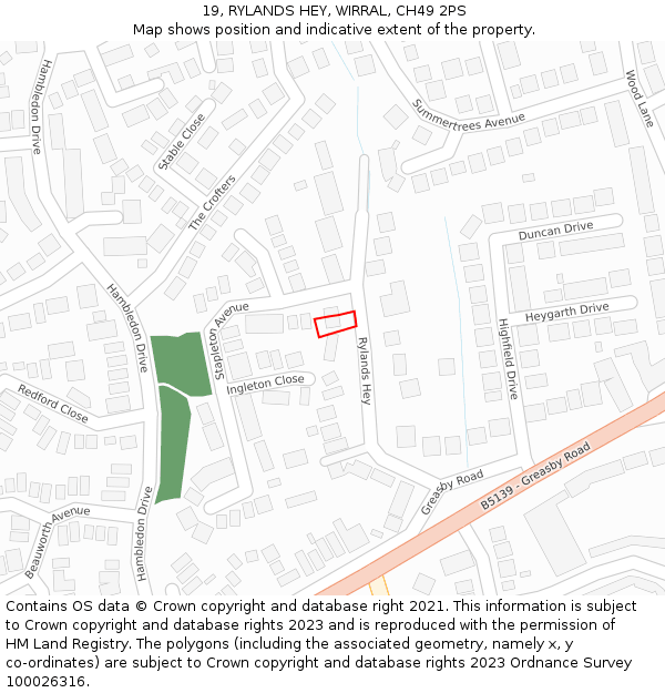 19, RYLANDS HEY, WIRRAL, CH49 2PS: Location map and indicative extent of plot