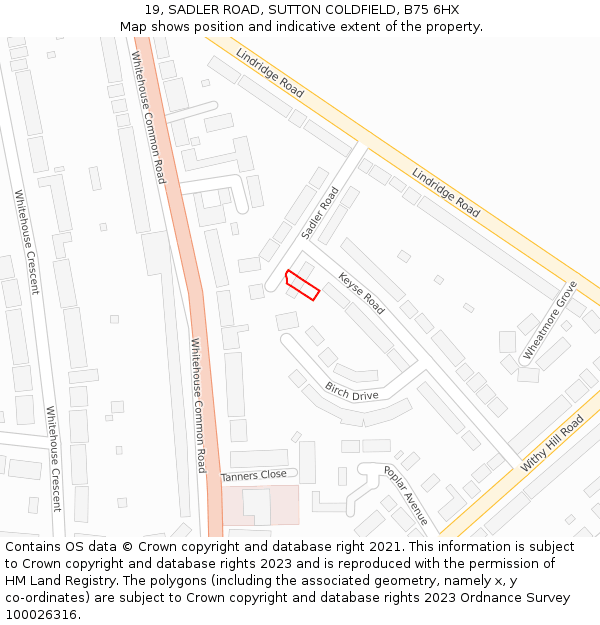 19, SADLER ROAD, SUTTON COLDFIELD, B75 6HX: Location map and indicative extent of plot