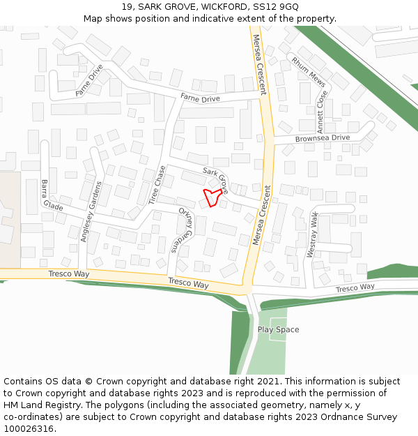 19, SARK GROVE, WICKFORD, SS12 9GQ: Location map and indicative extent of plot