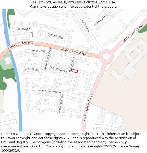 19, SCHOOL AVENUE, WOLVERHAMPTON, WV11 3NA: Location map and indicative extent of plot