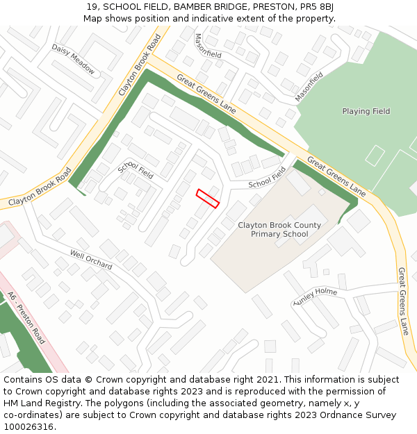 19, SCHOOL FIELD, BAMBER BRIDGE, PRESTON, PR5 8BJ: Location map and indicative extent of plot