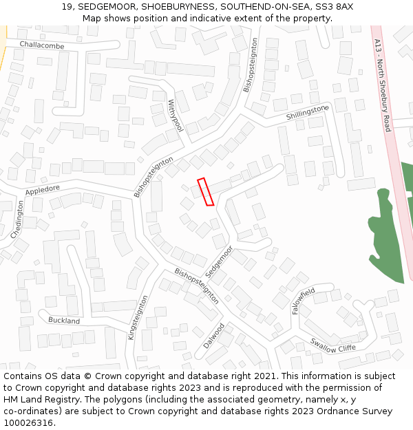 19, SEDGEMOOR, SHOEBURYNESS, SOUTHEND-ON-SEA, SS3 8AX: Location map and indicative extent of plot