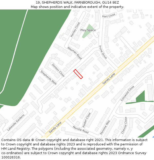 19, SHEPHERDS WALK, FARNBOROUGH, GU14 9EZ: Location map and indicative extent of plot