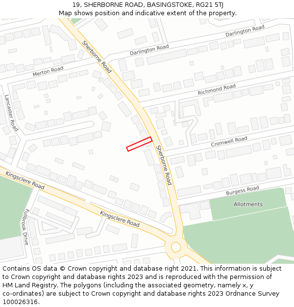 19, SHERBORNE ROAD, BASINGSTOKE, RG21 5TJ: Location map and indicative extent of plot