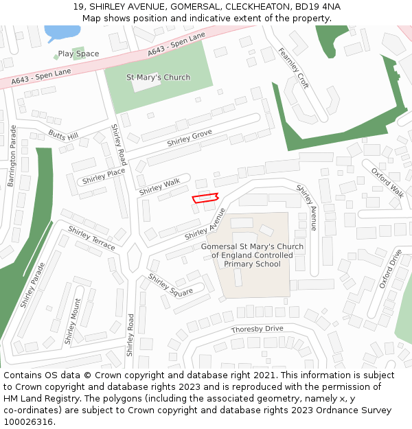 19, SHIRLEY AVENUE, GOMERSAL, CLECKHEATON, BD19 4NA: Location map and indicative extent of plot
