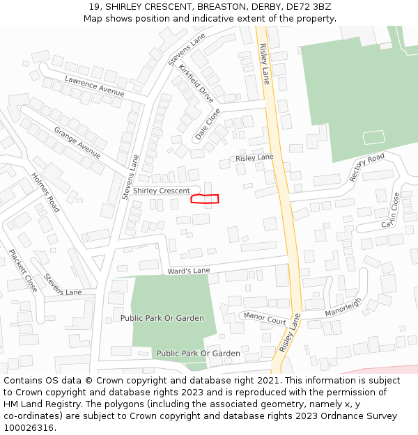 19, SHIRLEY CRESCENT, BREASTON, DERBY, DE72 3BZ: Location map and indicative extent of plot
