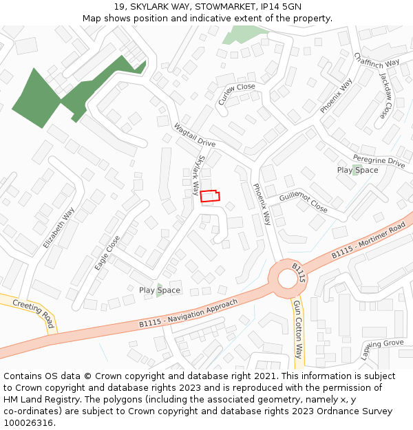 19, SKYLARK WAY, STOWMARKET, IP14 5GN: Location map and indicative extent of plot