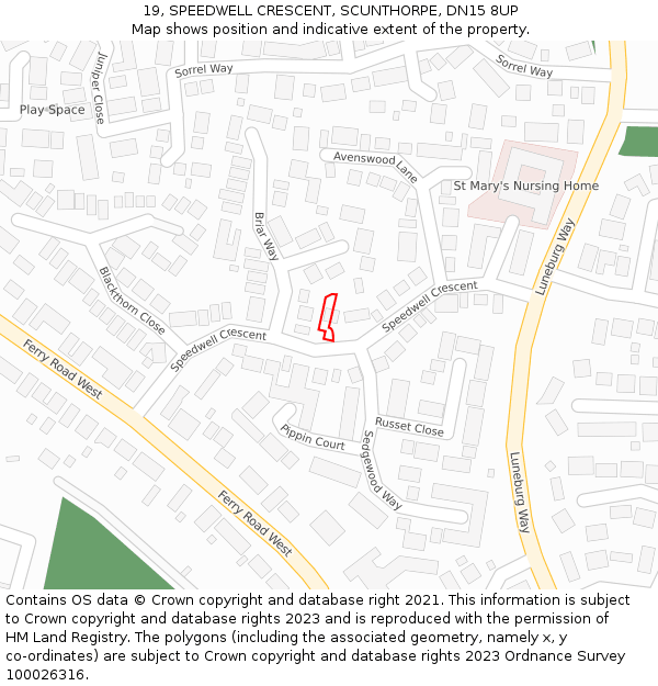 19, SPEEDWELL CRESCENT, SCUNTHORPE, DN15 8UP: Location map and indicative extent of plot