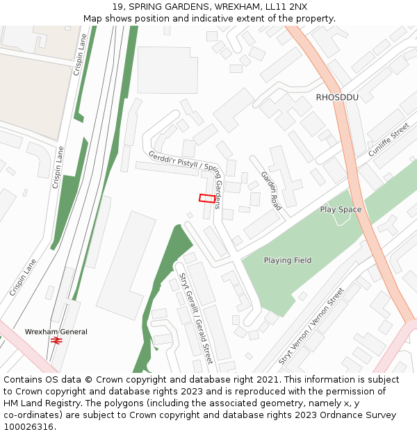 19, SPRING GARDENS, WREXHAM, LL11 2NX: Location map and indicative extent of plot