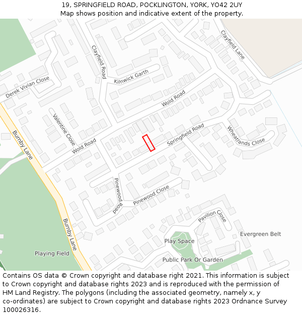 19, SPRINGFIELD ROAD, POCKLINGTON, YORK, YO42 2UY: Location map and indicative extent of plot