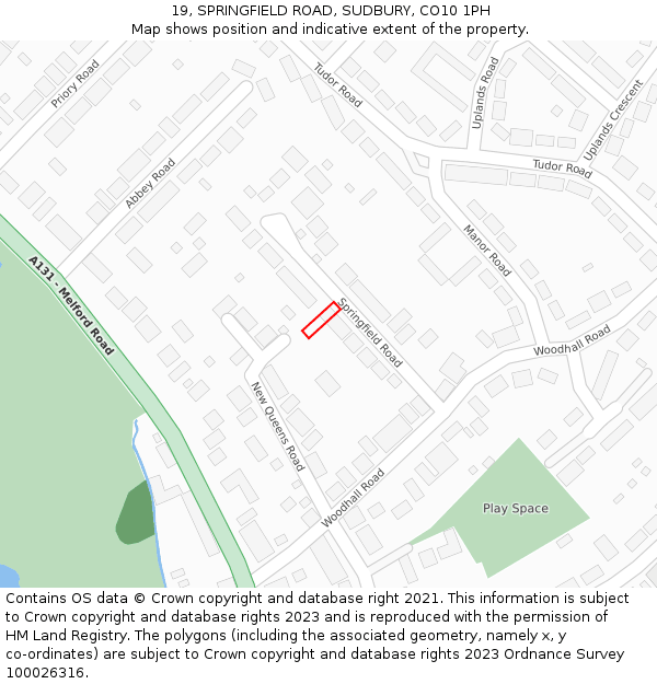 19, SPRINGFIELD ROAD, SUDBURY, CO10 1PH: Location map and indicative extent of plot