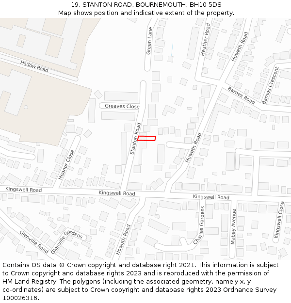 19, STANTON ROAD, BOURNEMOUTH, BH10 5DS: Location map and indicative extent of plot