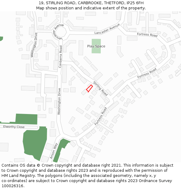 19, STIRLING ROAD, CARBROOKE, THETFORD, IP25 6FH: Location map and indicative extent of plot