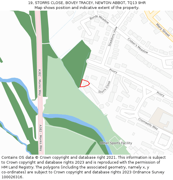 19, STORRS CLOSE, BOVEY TRACEY, NEWTON ABBOT, TQ13 9HR: Location map and indicative extent of plot