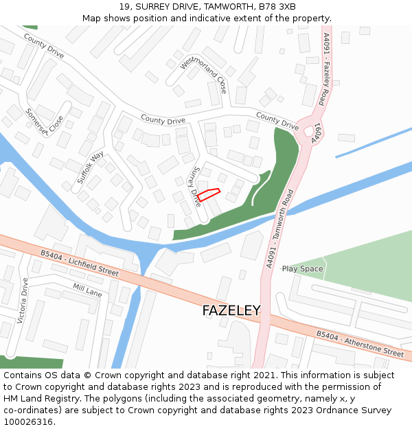 19, SURREY DRIVE, TAMWORTH, B78 3XB: Location map and indicative extent of plot