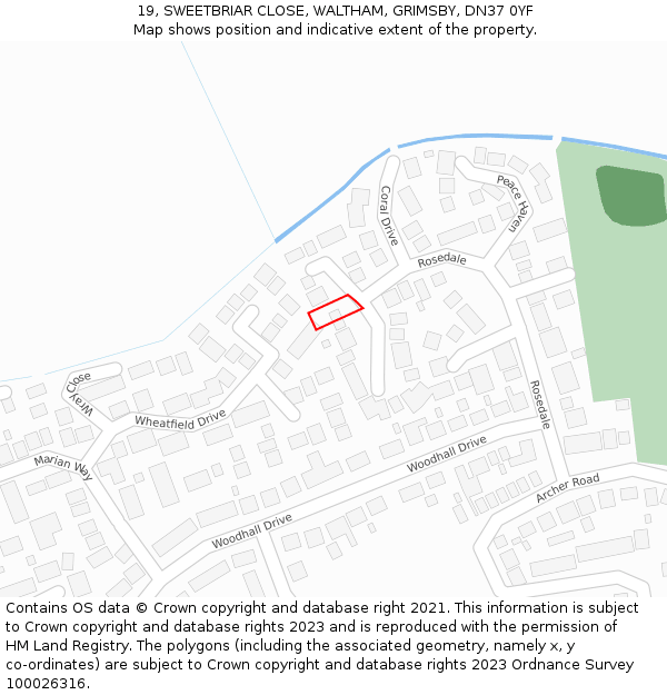 19, SWEETBRIAR CLOSE, WALTHAM, GRIMSBY, DN37 0YF: Location map and indicative extent of plot
