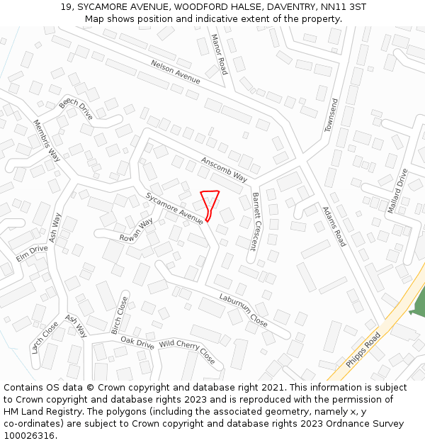 19, SYCAMORE AVENUE, WOODFORD HALSE, DAVENTRY, NN11 3ST: Location map and indicative extent of plot