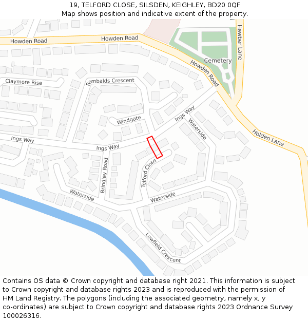 19, TELFORD CLOSE, SILSDEN, KEIGHLEY, BD20 0QF: Location map and indicative extent of plot