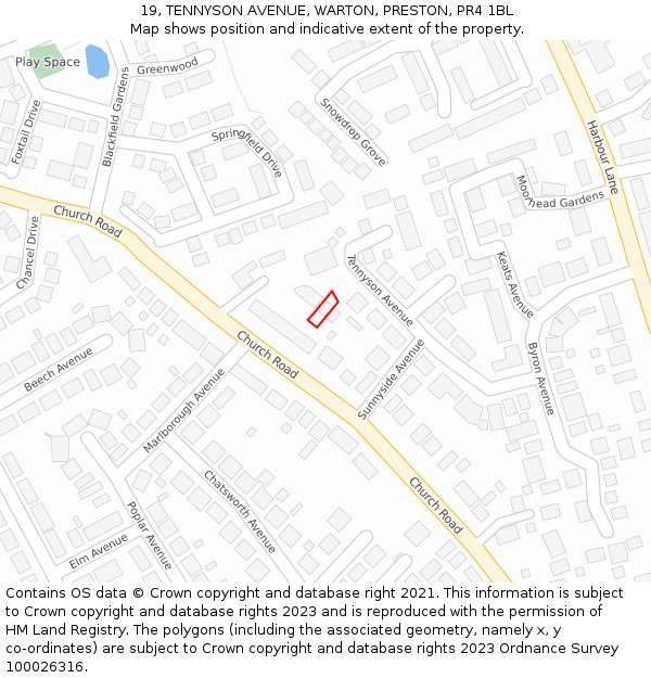 19, TENNYSON AVENUE, WARTON, PRESTON, PR4 1BL: Location map and indicative extent of plot