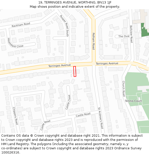 19, TERRINGES AVENUE, WORTHING, BN13 1JF: Location map and indicative extent of plot