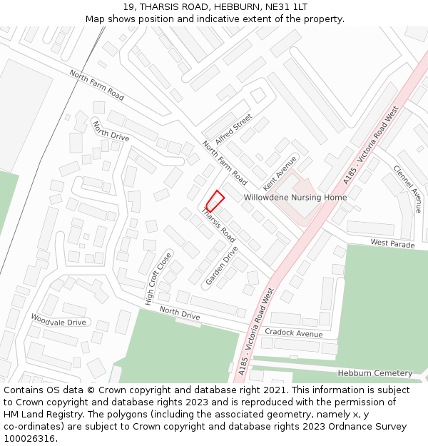 19, THARSIS ROAD, HEBBURN, NE31 1LT: Location map and indicative extent of plot