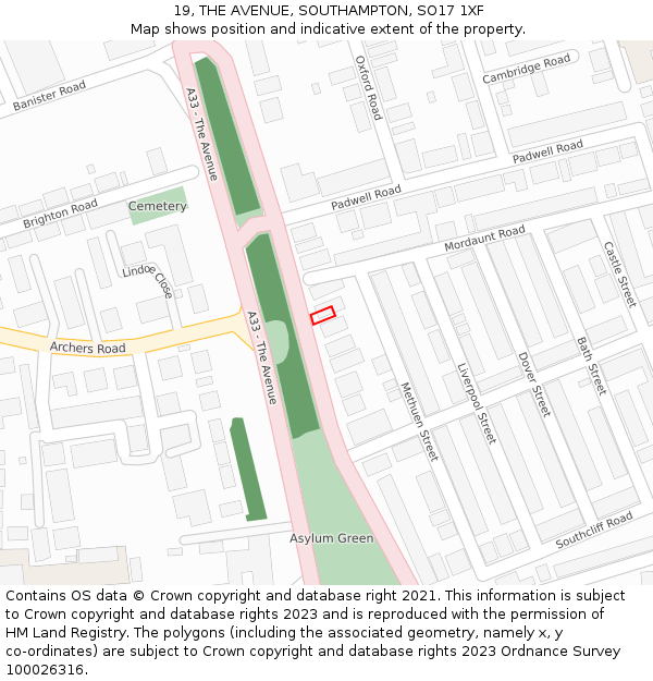 19, THE AVENUE, SOUTHAMPTON, SO17 1XF: Location map and indicative extent of plot