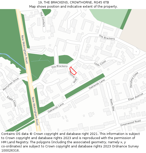 19, THE BRACKENS, CROWTHORNE, RG45 6TB: Location map and indicative extent of plot