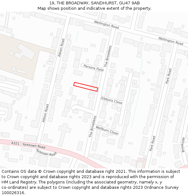 19, THE BROADWAY, SANDHURST, GU47 9AB: Location map and indicative extent of plot