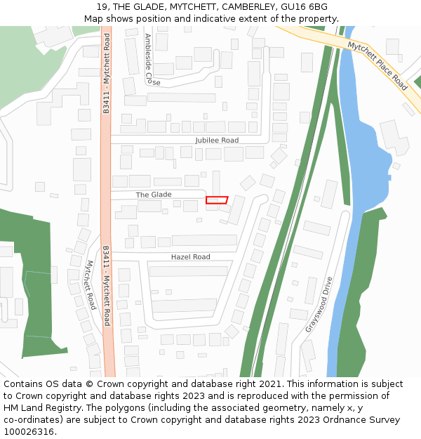 19, THE GLADE, MYTCHETT, CAMBERLEY, GU16 6BG: Location map and indicative extent of plot