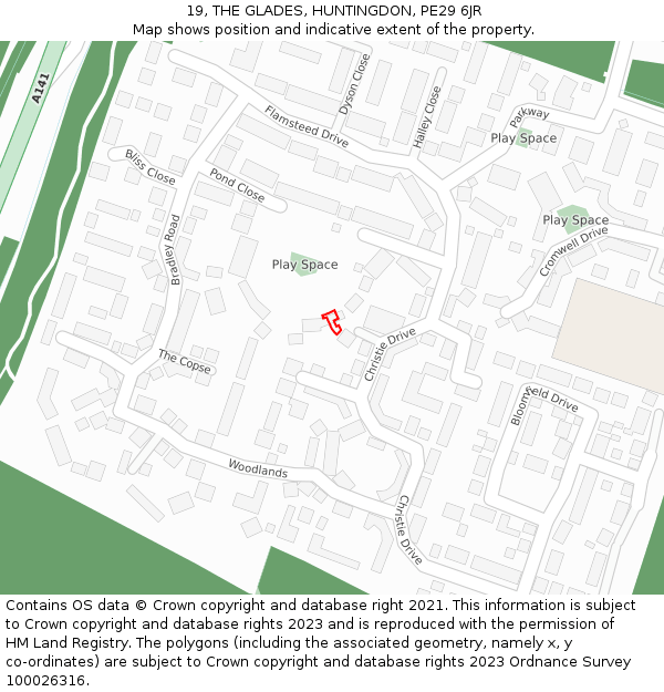 19, THE GLADES, HUNTINGDON, PE29 6JR: Location map and indicative extent of plot