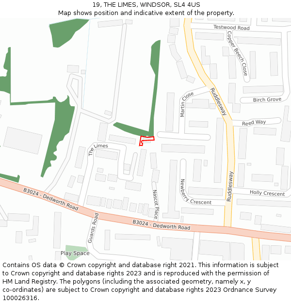 19, THE LIMES, WINDSOR, SL4 4US: Location map and indicative extent of plot