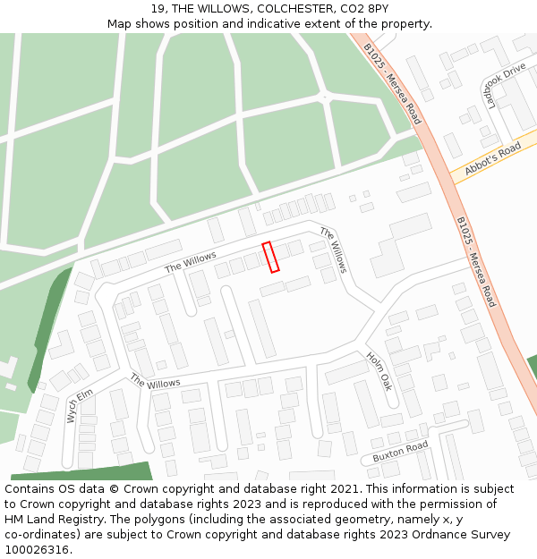 19, THE WILLOWS, COLCHESTER, CO2 8PY: Location map and indicative extent of plot