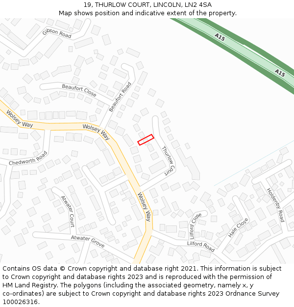 19, THURLOW COURT, LINCOLN, LN2 4SA: Location map and indicative extent of plot