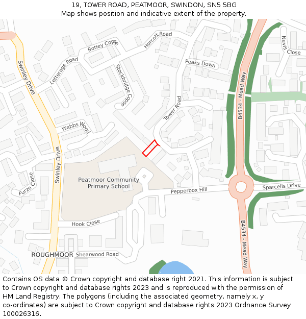 19, TOWER ROAD, PEATMOOR, SWINDON, SN5 5BG: Location map and indicative extent of plot