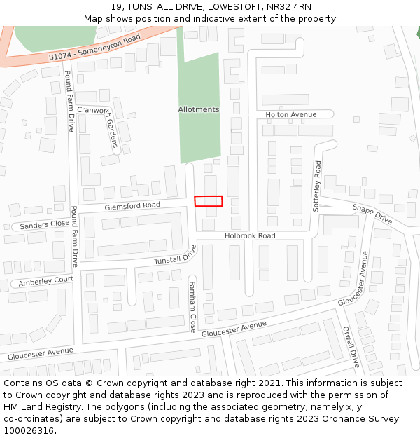 19, TUNSTALL DRIVE, LOWESTOFT, NR32 4RN: Location map and indicative extent of plot
