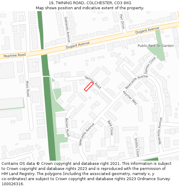 19, TWINING ROAD, COLCHESTER, CO3 9XG: Location map and indicative extent of plot