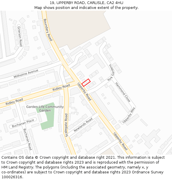19, UPPERBY ROAD, CARLISLE, CA2 4HU: Location map and indicative extent of plot