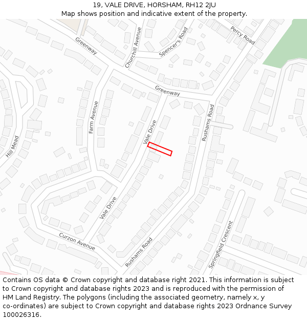 19, VALE DRIVE, HORSHAM, RH12 2JU: Location map and indicative extent of plot
