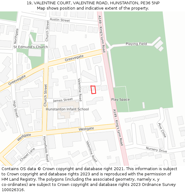 19, VALENTINE COURT, VALENTINE ROAD, HUNSTANTON, PE36 5NP: Location map and indicative extent of plot