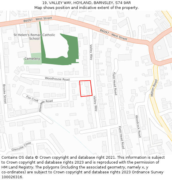 19, VALLEY WAY, HOYLAND, BARNSLEY, S74 9AR: Location map and indicative extent of plot